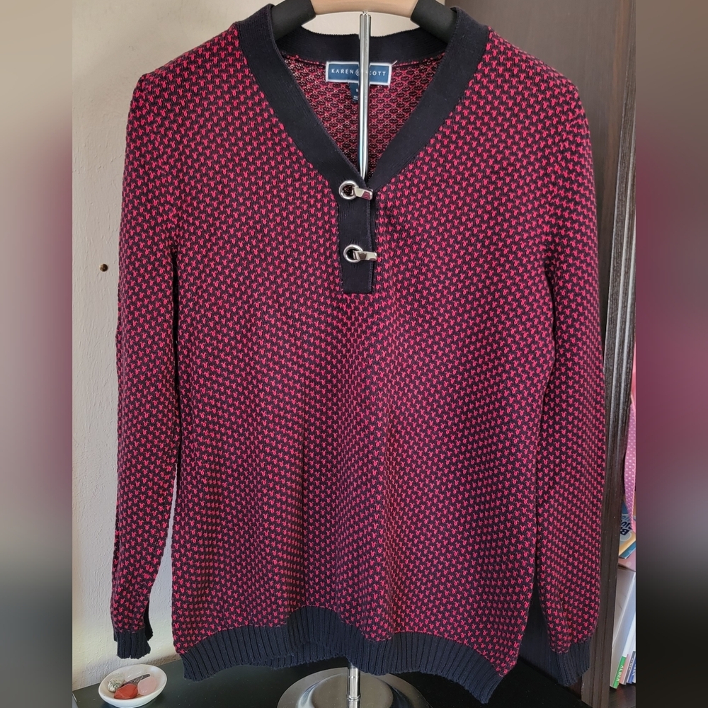 Karen Scott | 100% Cotton Marled Henley Sweater Red And black